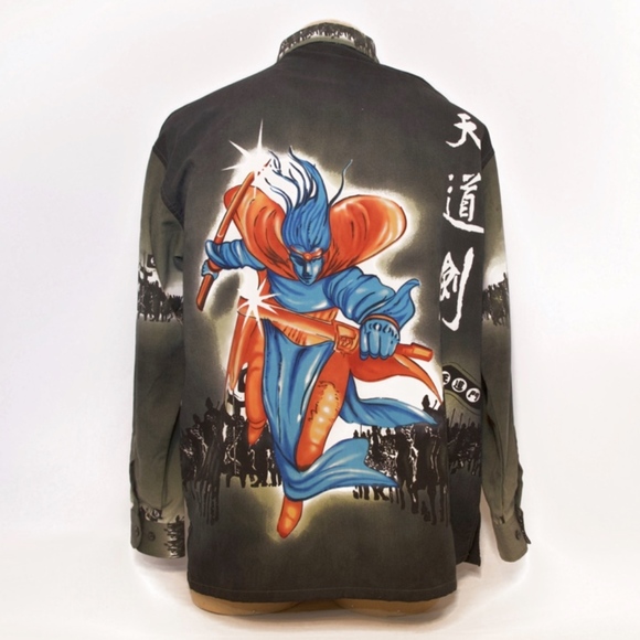 Vintage Japanese Manga Shirt Samurai 90s Button Up - Picture 2 of 8